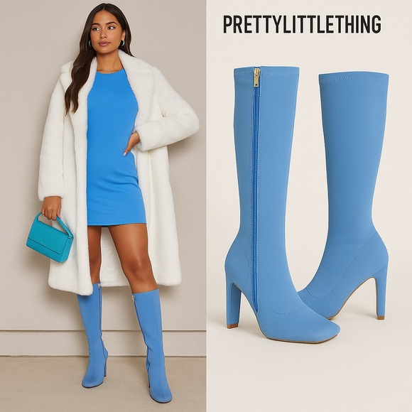 PrettyLittleThing,  Sky Blue Neoprene Stiletto Zip Boots | EUC, Size 7 - Picture 7 of 10